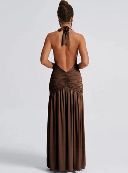 Women’s Halter Neck Maxi Dress with Ruched Waist and High Slit