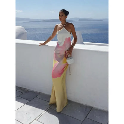 Women’s Halter Neck Maxi Dress with Abstract Print