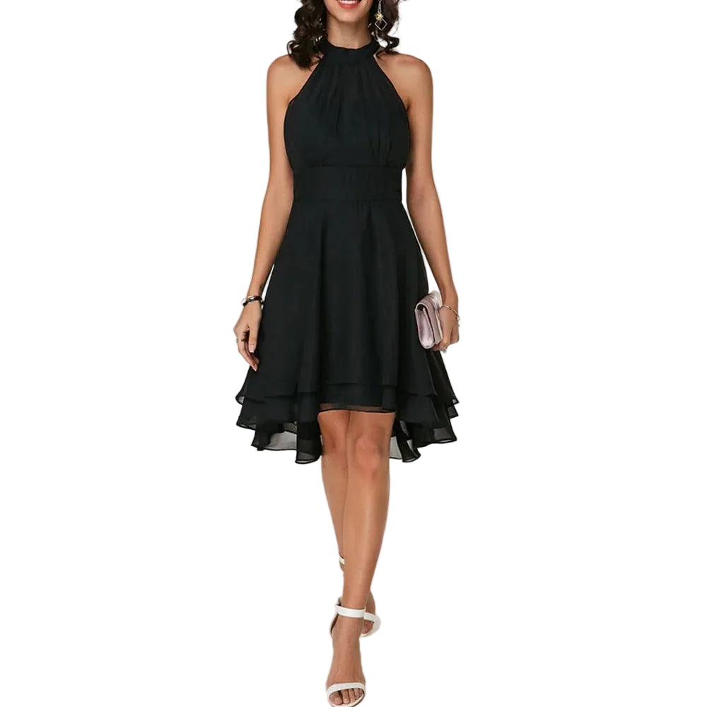 Women’s Halter Neck Mini Dress with Sleeveless Cut and High-Low Hem