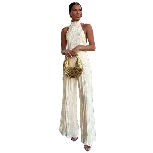Women’s Halter Neck Pleated Wide Leg Jumpsuit with Open Back