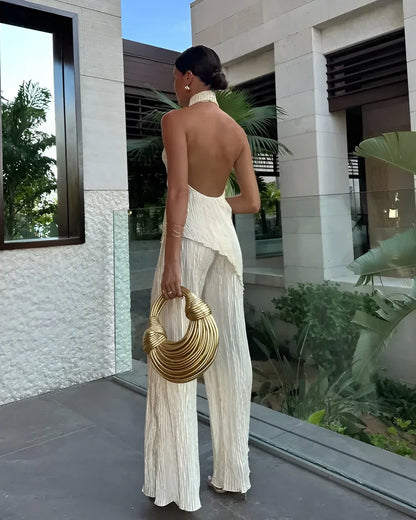 Women’s Halter Neck Pleated Wide Leg Jumpsuit with Open Back