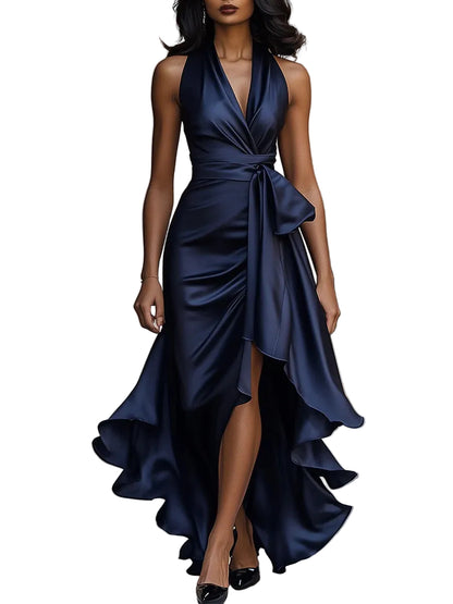 Women’s Halter Neck Satin Maxi Dress with Front Slit