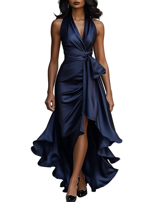 Women’s Halter Neck Satin Maxi Dress with Front Slit