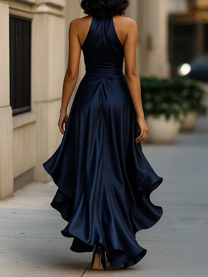 Women’s Halter Neck Satin Maxi Dress with Front Slit