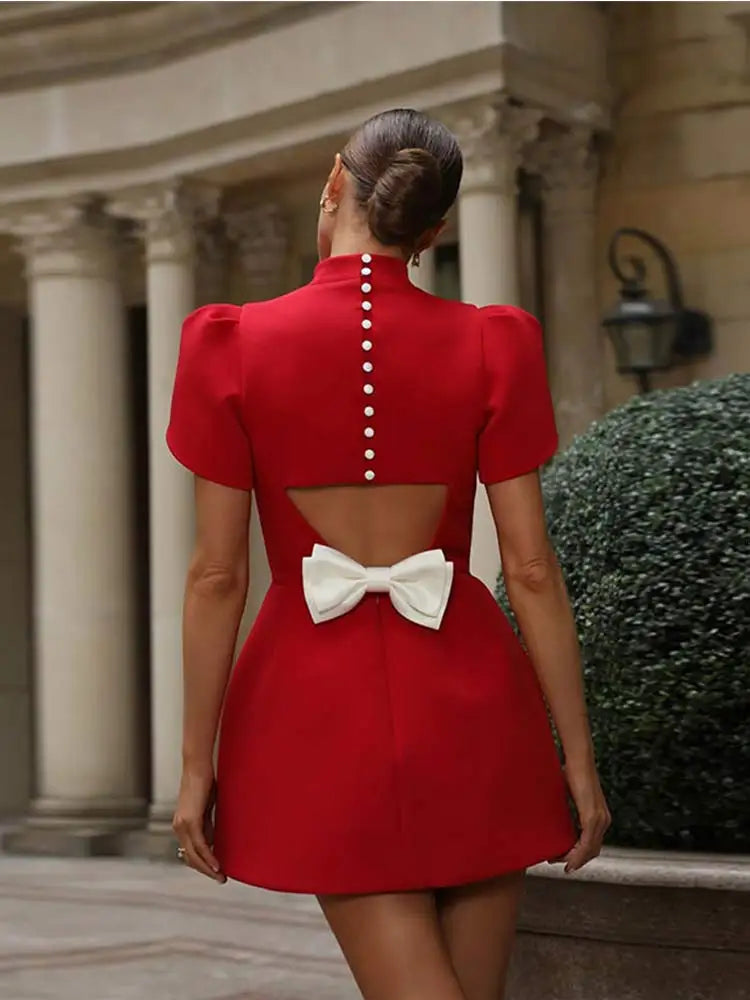 Women’s High Neck Mini Dress with Short Puff Sleeves