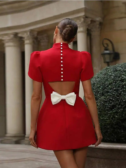 Women’s High Neck Mini Dress with Short Puff Sleeves