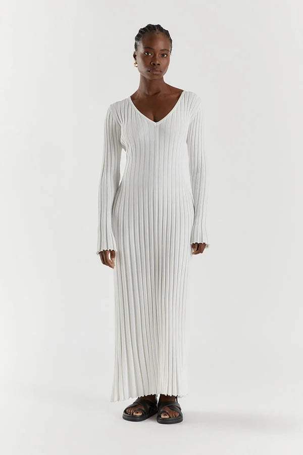 Women’s Knit Maxi Dress with V-Neckline and Flared Cuffs