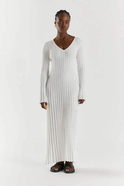 Women’s Knit Maxi Dress with V-Neckline and Flared Cuffs