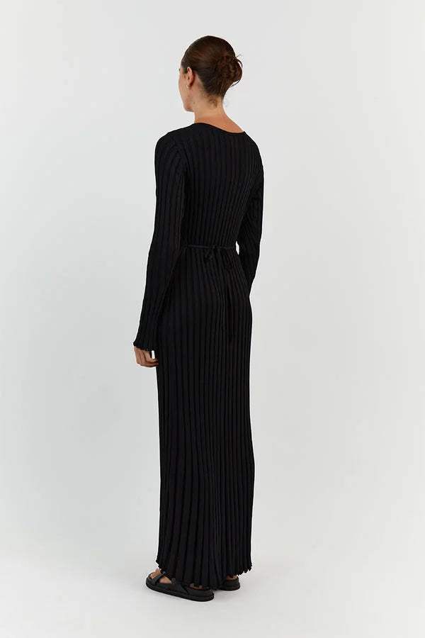 Women’s Knit Maxi Dress with V-Neckline and Flared Cuffs