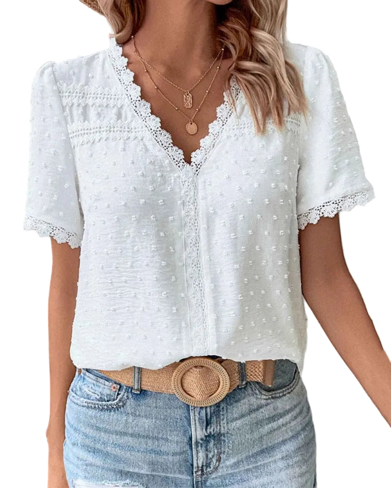 Women’s Lace Trim Top with Short Sleeves and V-Neck