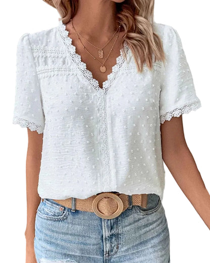 Women’s Lace Trim Top with Short Sleeves and V-Neck