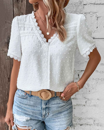 Women’s Lace Trim Top with Short Sleeves and V-Neck