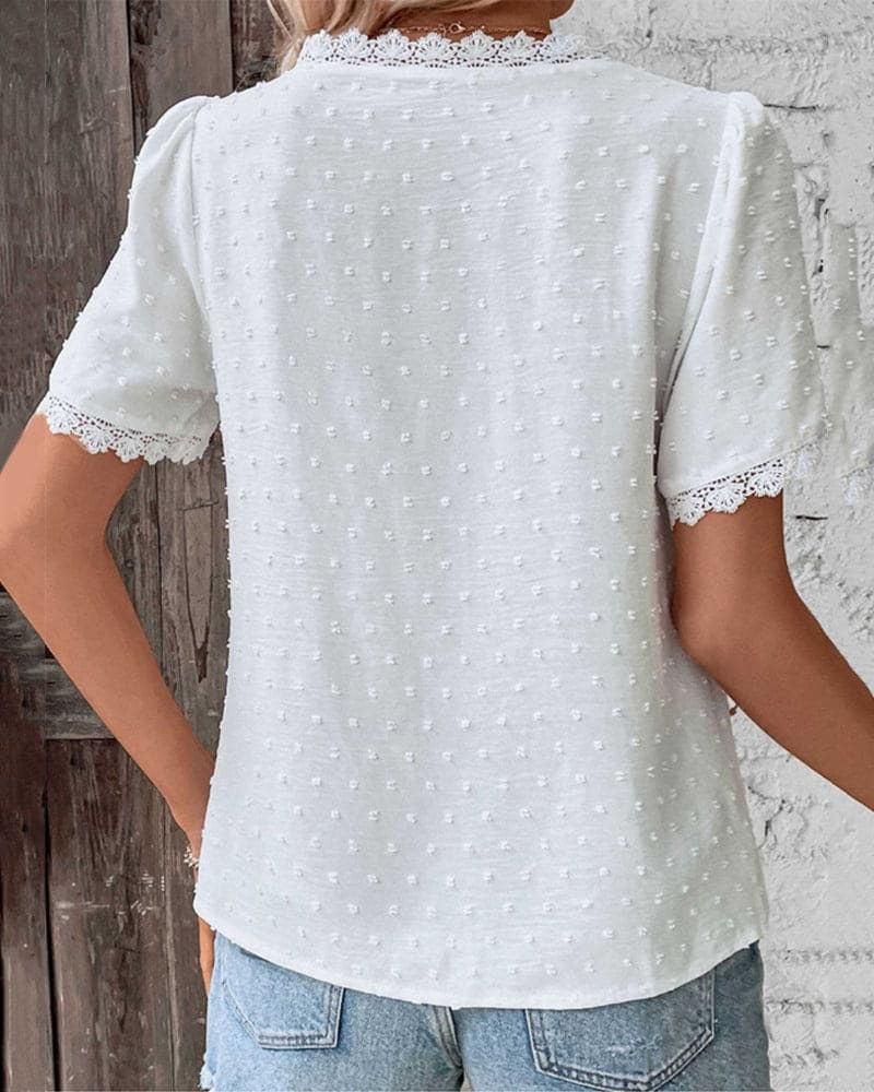 Women’s Lace Trim Top with Short Sleeves and V-Neck