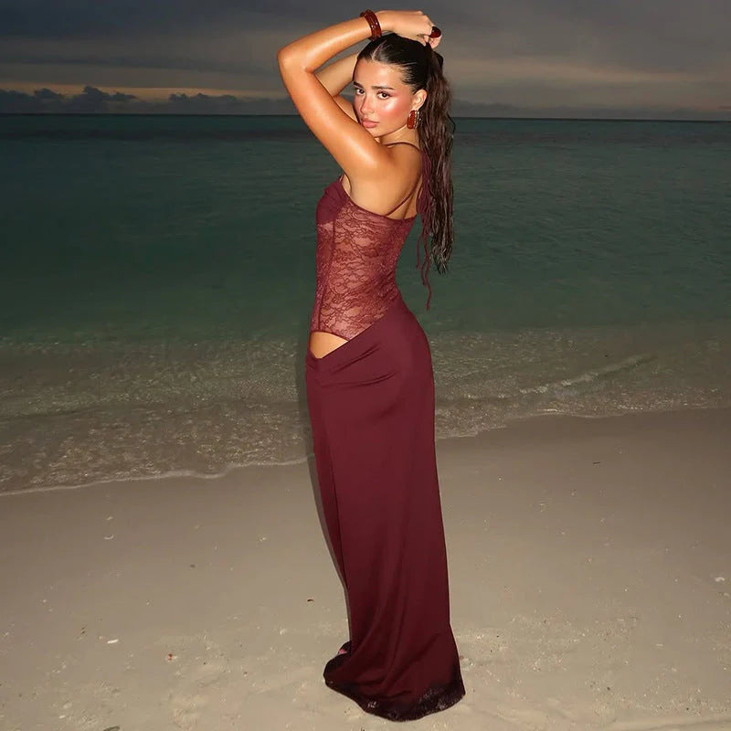Women’s Lace Waist Maxi Dress with Tie Shoulder Straps