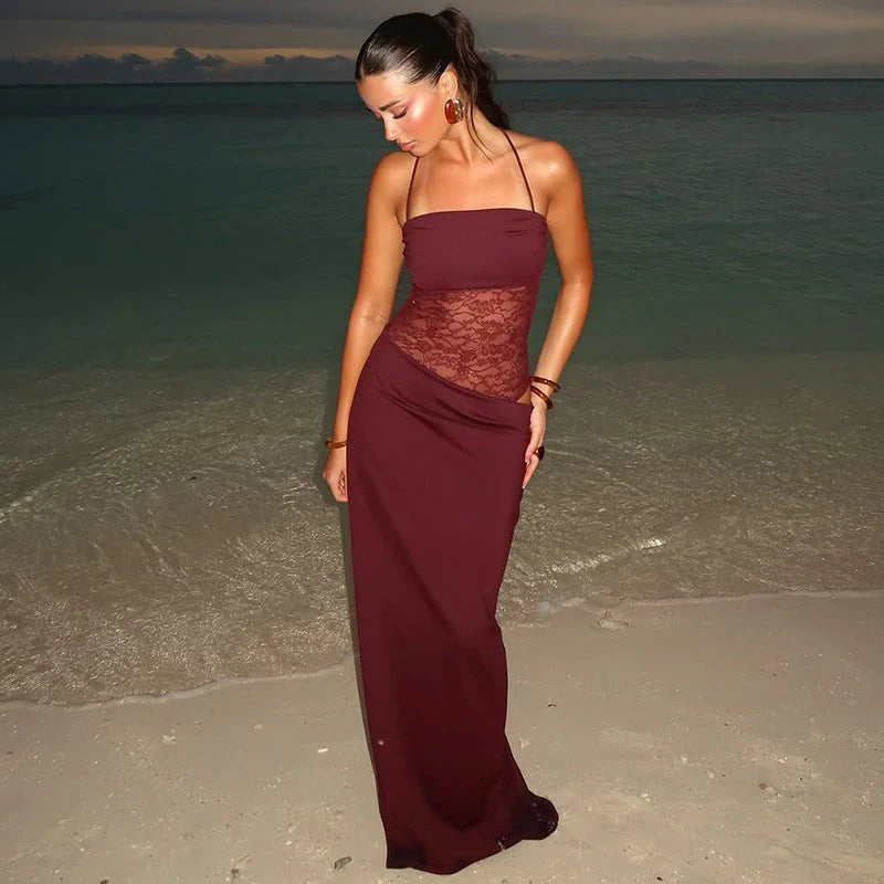 Women’s Lace Waist Maxi Dress with Tie Shoulder Straps
