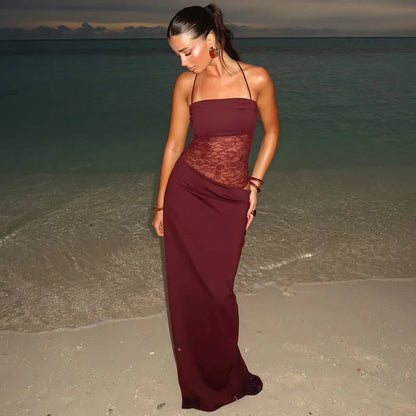 Women’s Lace Waist Maxi Dress with Tie Shoulder Straps