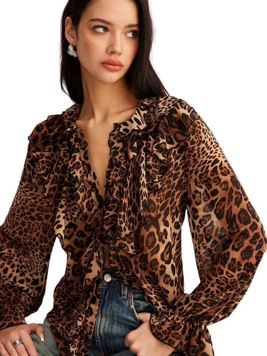 Women’s Leopard Print Ruffle Blouse with Long Sleeves