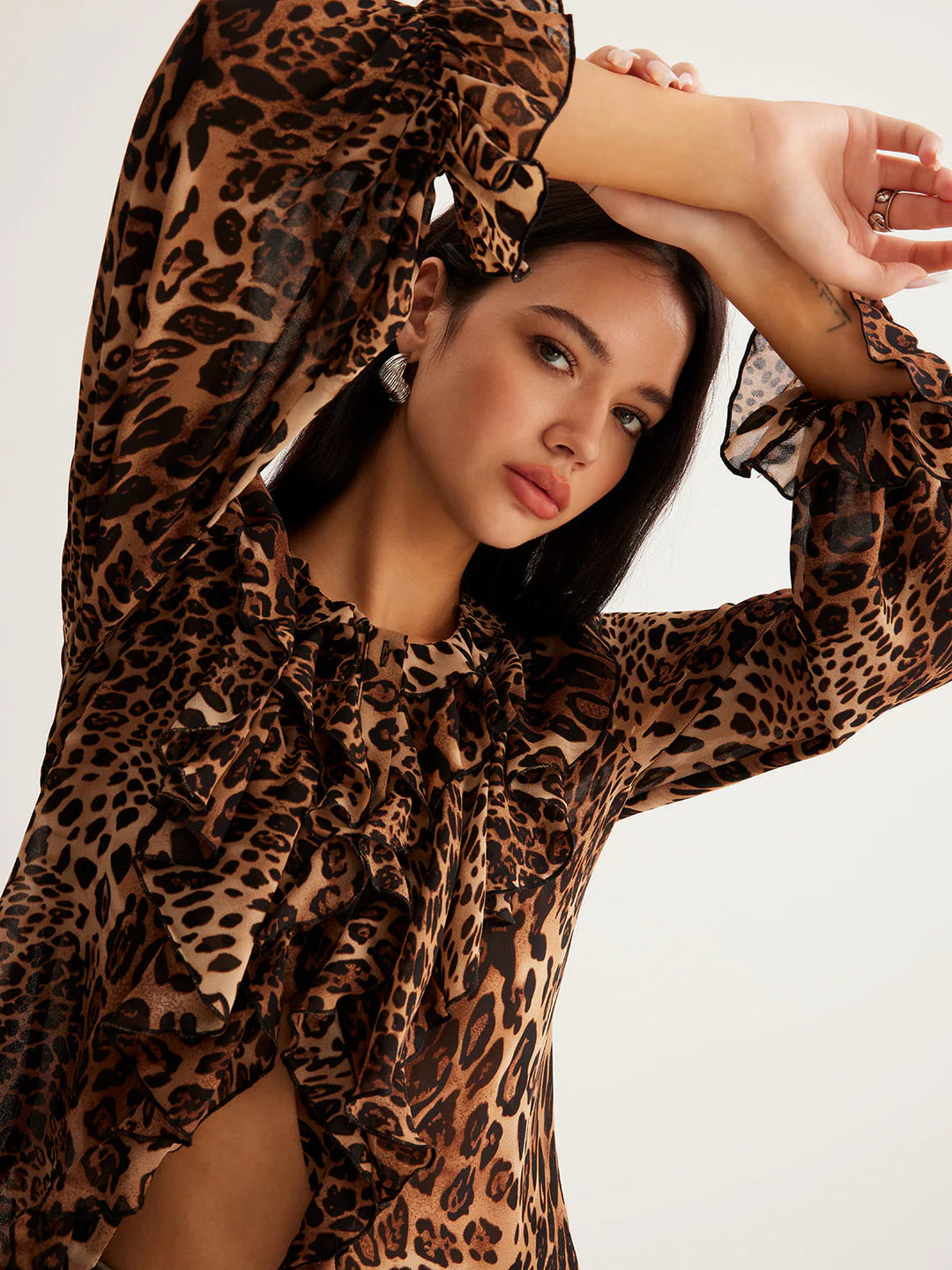 Women’s Leopard Print Ruffle Blouse with Long Sleeves