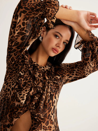 Women’s Leopard Print Ruffle Blouse with Long Sleeves