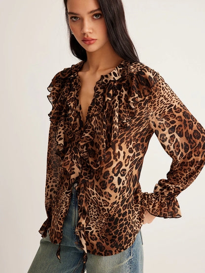 Women’s Leopard Print Ruffle Blouse with Long Sleeves