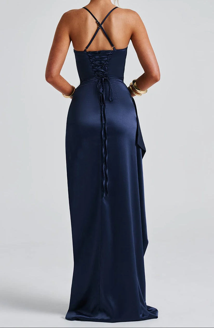 Women’s Long Maxi Dress with Spaghetti Straps and Draped Front with Side Slit