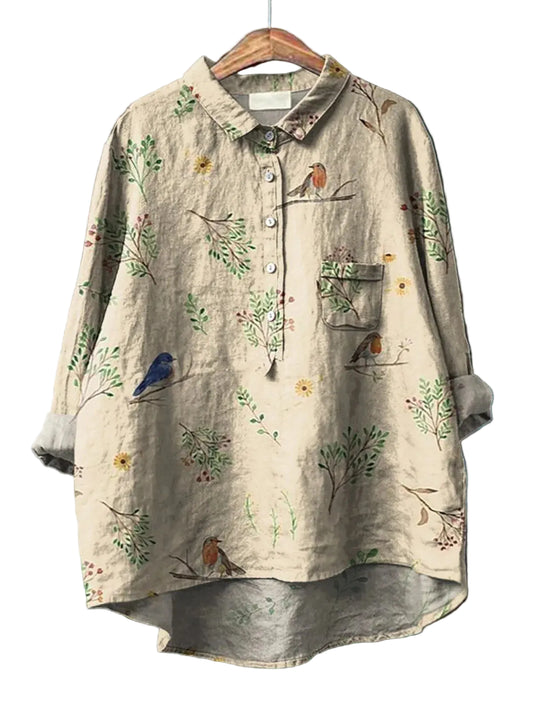 Women’s Long Sleeve Blouse with Bird Print and Button Front