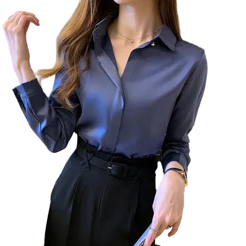 Women’s Long Sleeve Blouse with Collar and Hidden Button Front