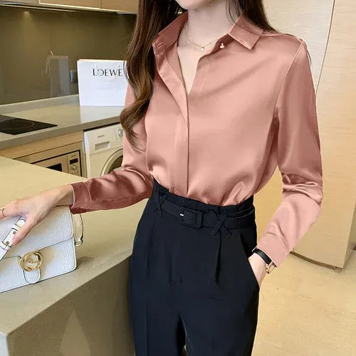 Women’s Long Sleeve Blouse with Collar and Hidden Button Front