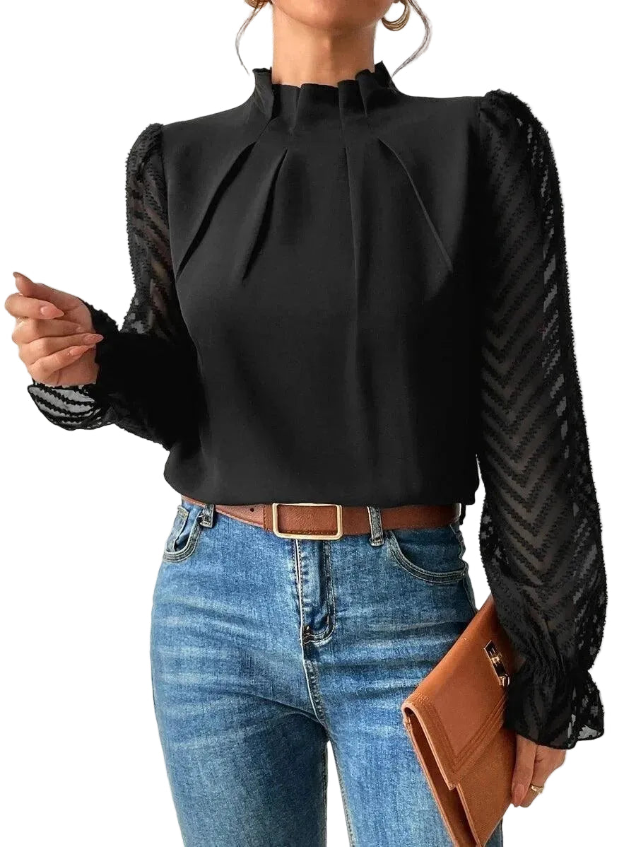 Women’s Long Sleeve Blouse with High Neck and Sheer Lace Sleeves