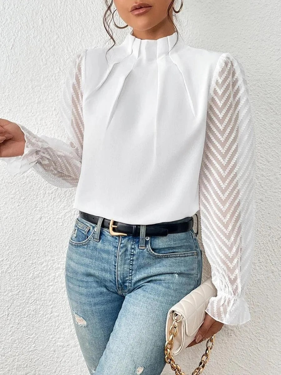 Women’s Long Sleeve Blouse with High Neck and Sheer Lace Sleeves