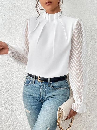 Women’s Long Sleeve Blouse with High Neck and Sheer Lace Sleeves