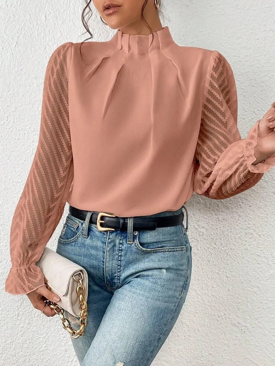 Women’s Long Sleeve Blouse with High Neck and Sheer Lace Sleeves
