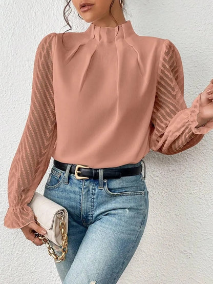 Women’s Long Sleeve Blouse with High Neck and Sheer Lace Sleeves