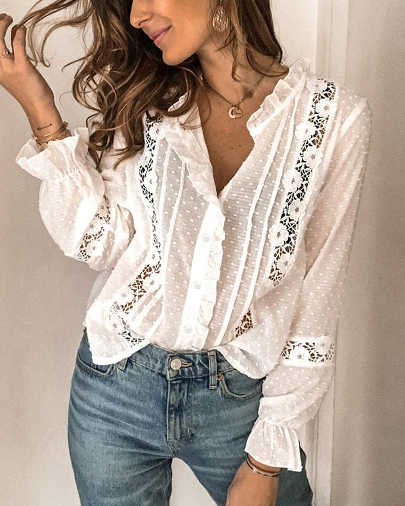 Women’s Long Sleeve Blouse with Lace Panels and Ruffle Trim