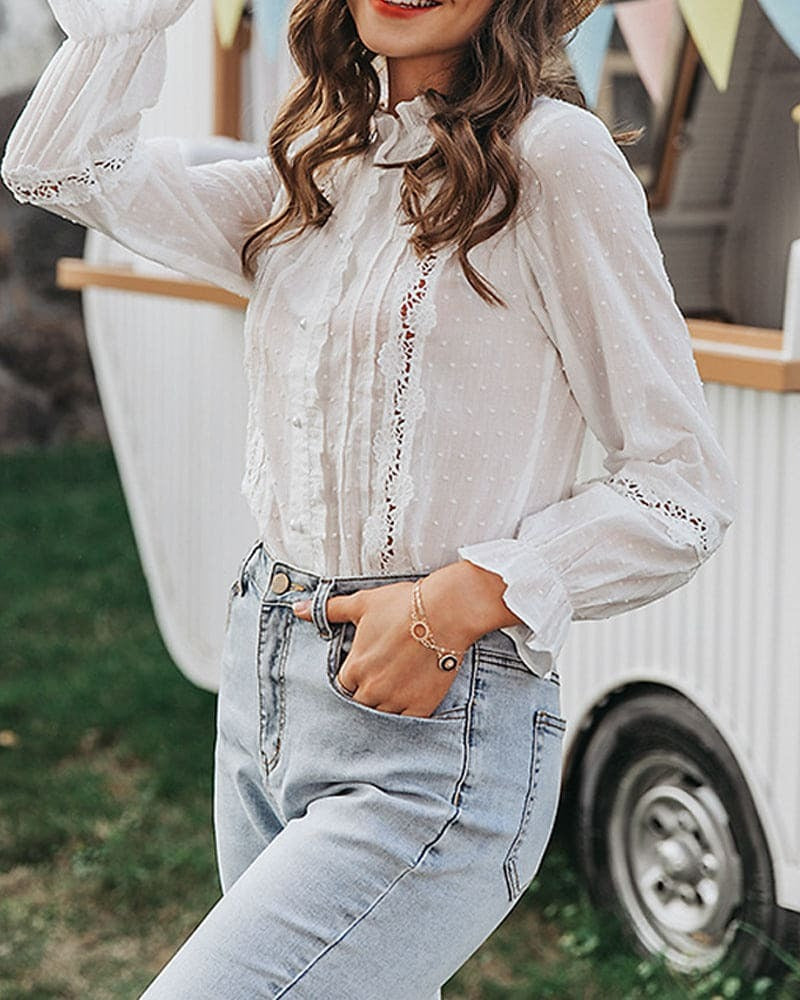 Women’s Long Sleeve Blouse with Lace Panels and Ruffle Trim