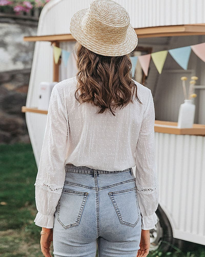Women’s Long Sleeve Blouse with Lace Panels and Ruffle Trim