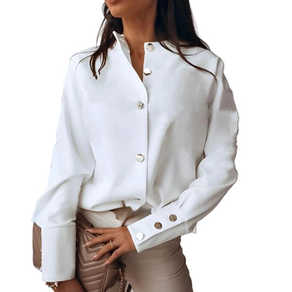 Women’s Long Sleeve Blouse with Stand Collar and Button Cuffs
