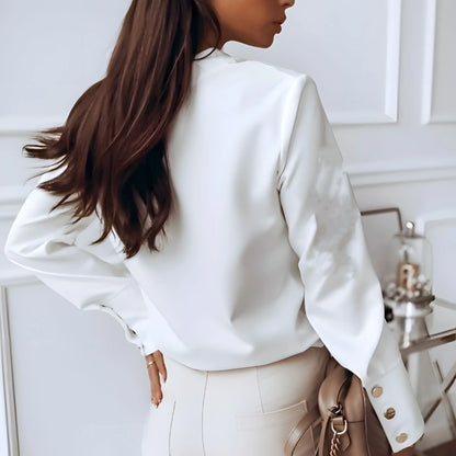 Women’s Long Sleeve Blouse with Stand Collar and Button Cuffs