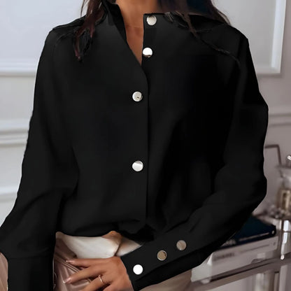 Women’s Long Sleeve Blouse with Stand Collar and Button Cuffs