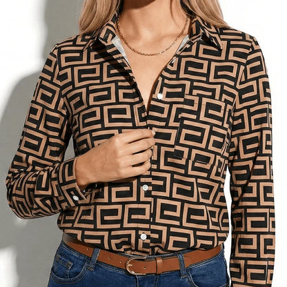 Women’s Long Sleeve Blouse with Abstract Line Print