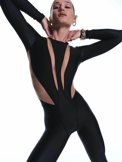 Women’s Long Sleeve Bodycon Jumpsuit with Mesh Cut-Out Panels