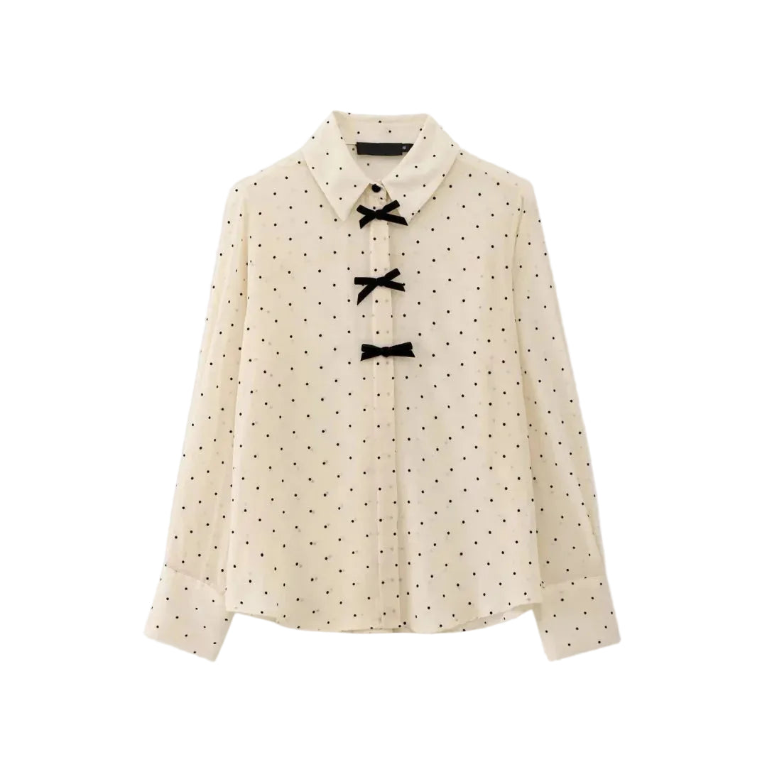 Women’s Long Sleeve Button-Up Top with Collar and Bow Detail