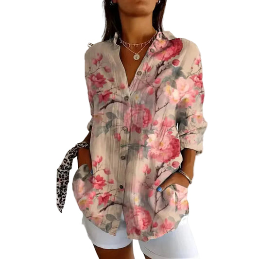 Women’s Long Sleeve Button-Front Blouse with Floral Print