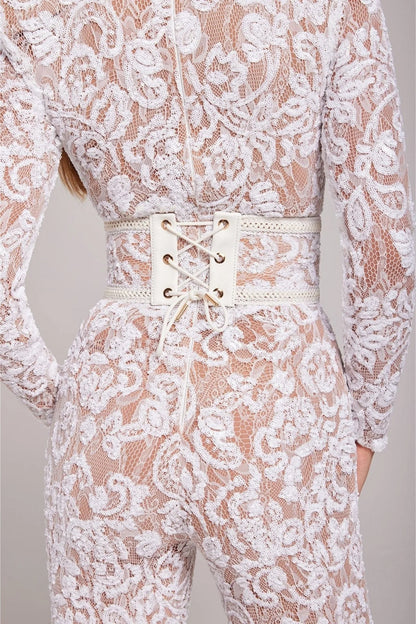 Women’s Long Sleeve Jumpsuit with Sequin Lace Construction