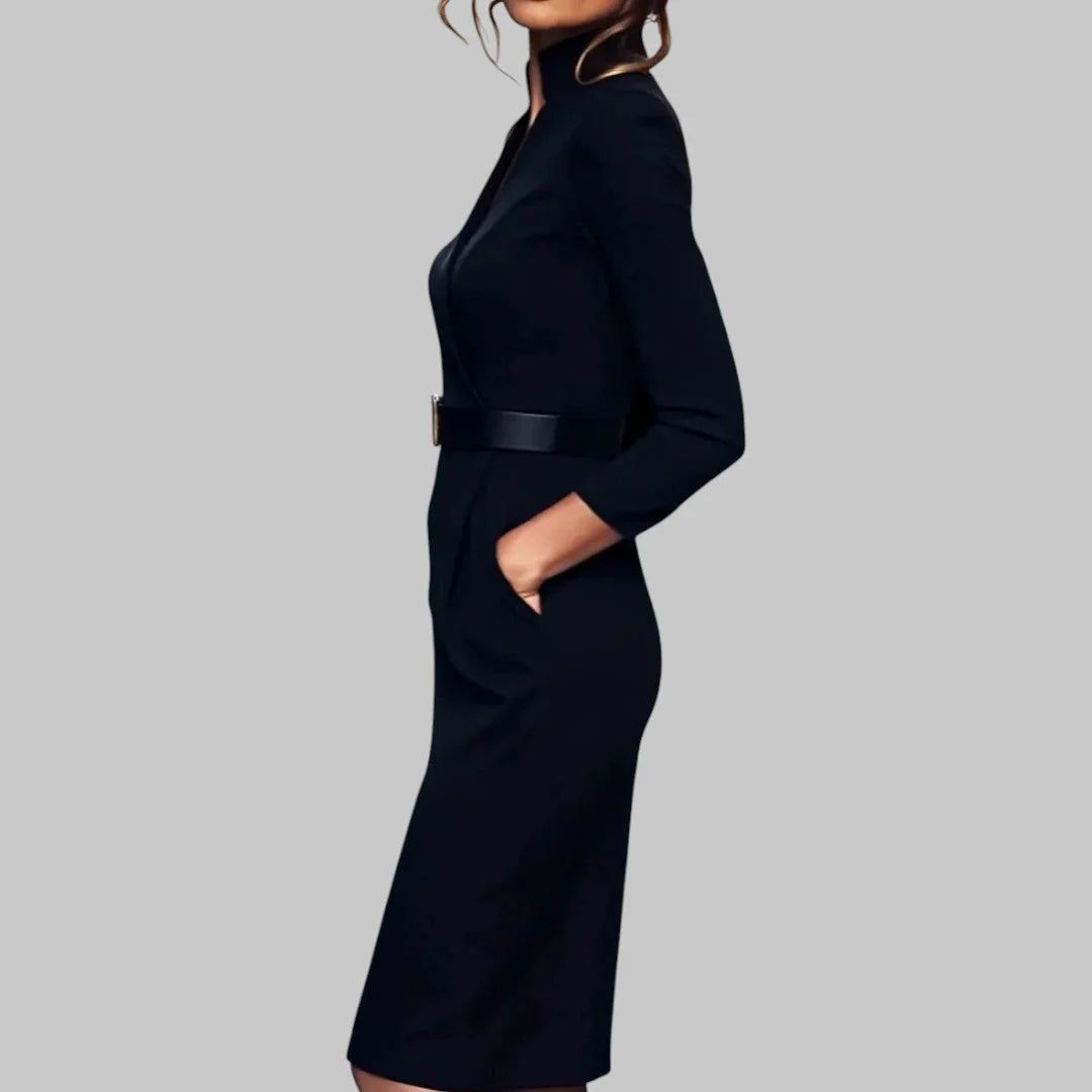 Women’s Long Sleeve Midi Dress with Collar and Belted Waist