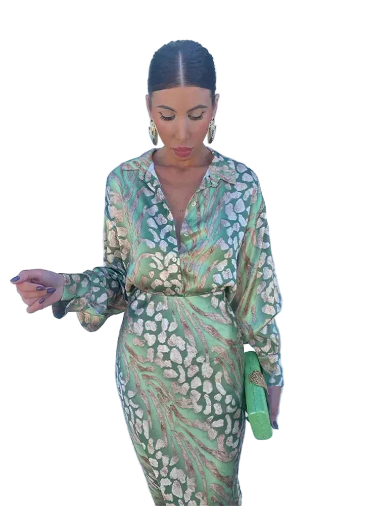 Women’s Long Sleeve Midi Dress with Collared V-Neck and Waist Seam