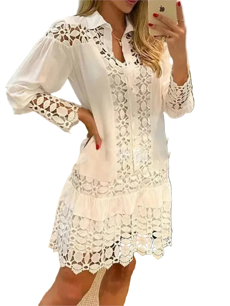 Women’s Long Sleeve Mini Dress with Button Front and Lace Design