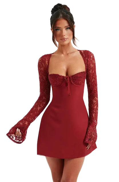 Women’s Long Sleeve Mini Dress with Lace Fabric