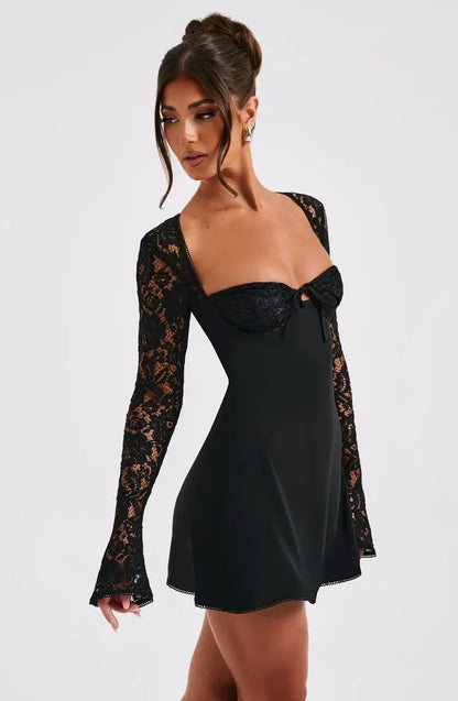 Women’s Long Sleeve Mini Dress with Lace Fabric