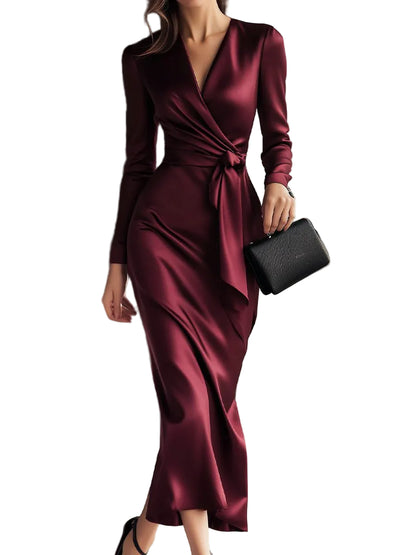 Women’s Long Sleeve Satin Wrap Midi Dress with Waist Tie